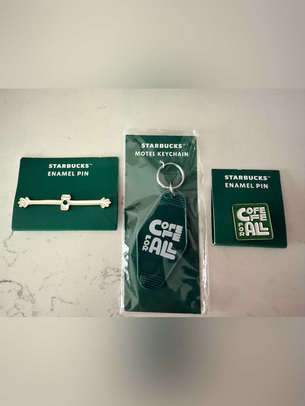 NEW Starbucks Limited Edition Lot 3 Enamel Pin & Hotel Keyring Coffee For All